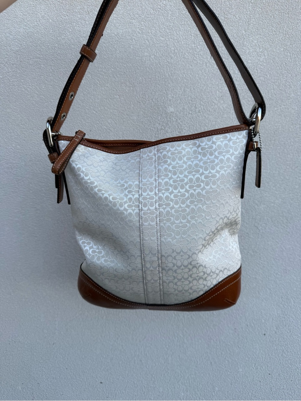 Coach White Signature Canvas Shoulder Bag with Brown Leather Trim